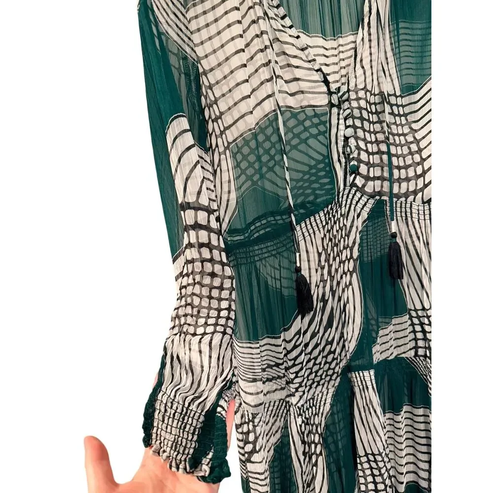 Anthropologie XS Marais Geometric Printed Sheer Chiffon Maxi Dress Boho Green - Picture 7 of 13